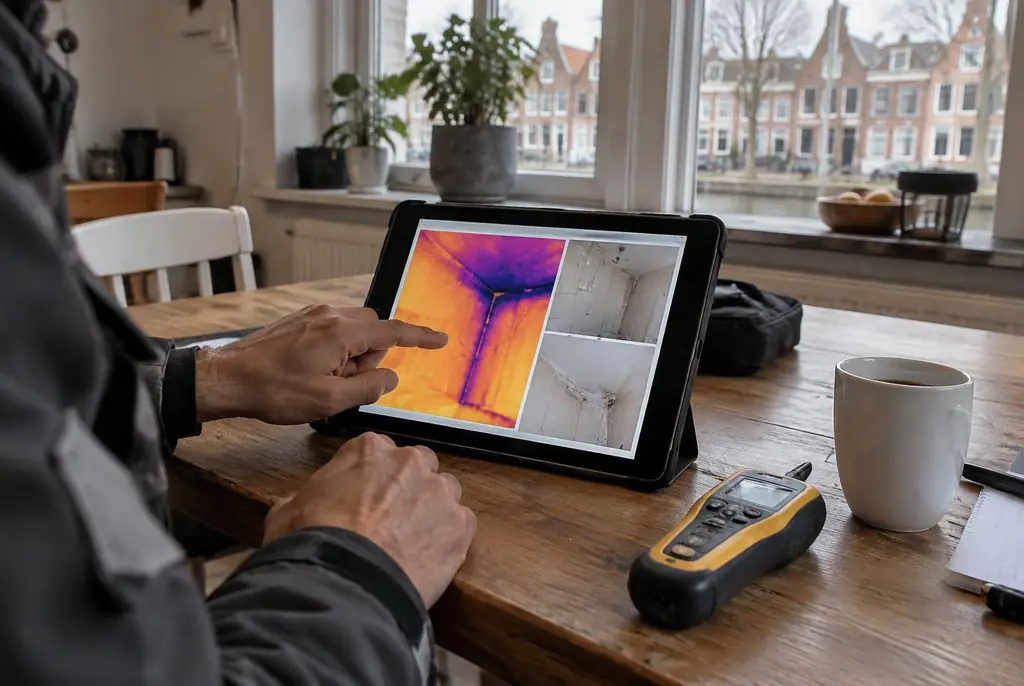 Lekdetectie Bodegraven – lekdetectierapport met warmtebeelden en foto's op een tablet