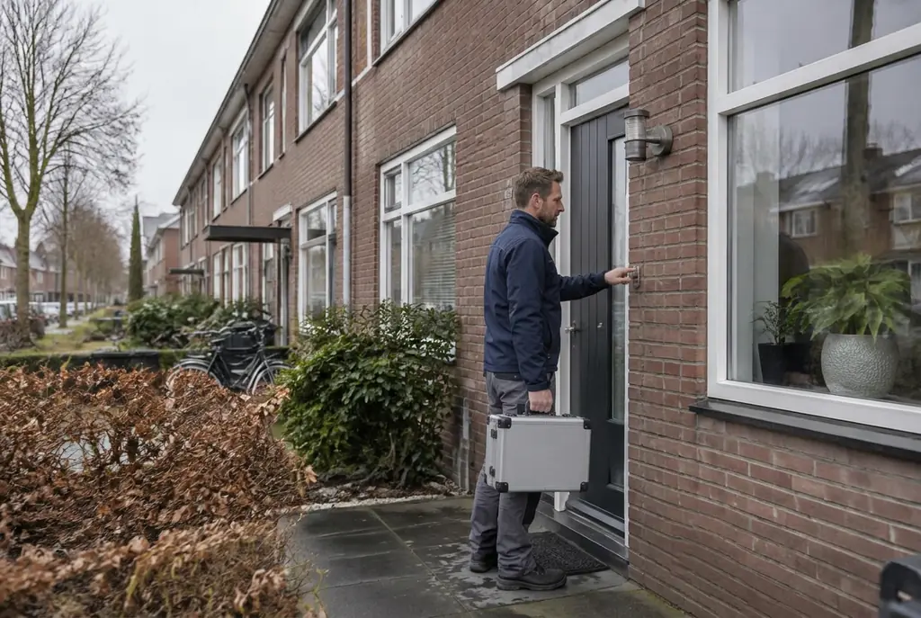 Lekdetectiespecialist met meetkoffer bij de voordeur van een woning in Bodegraven
